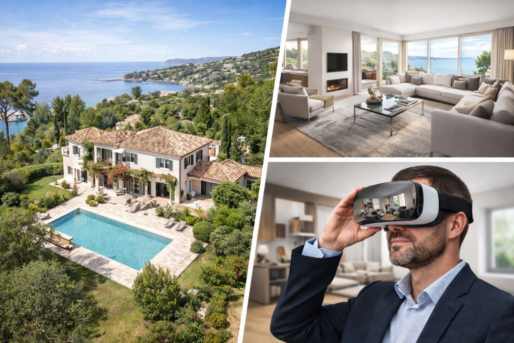 Composition en trois images illustrant une visite virtuelle 360° : une personne portant un casque de réalité virtuelle, une vue aérienne drone d’une villa, et un aperçu de la visite virtuelle de l’intérieur.