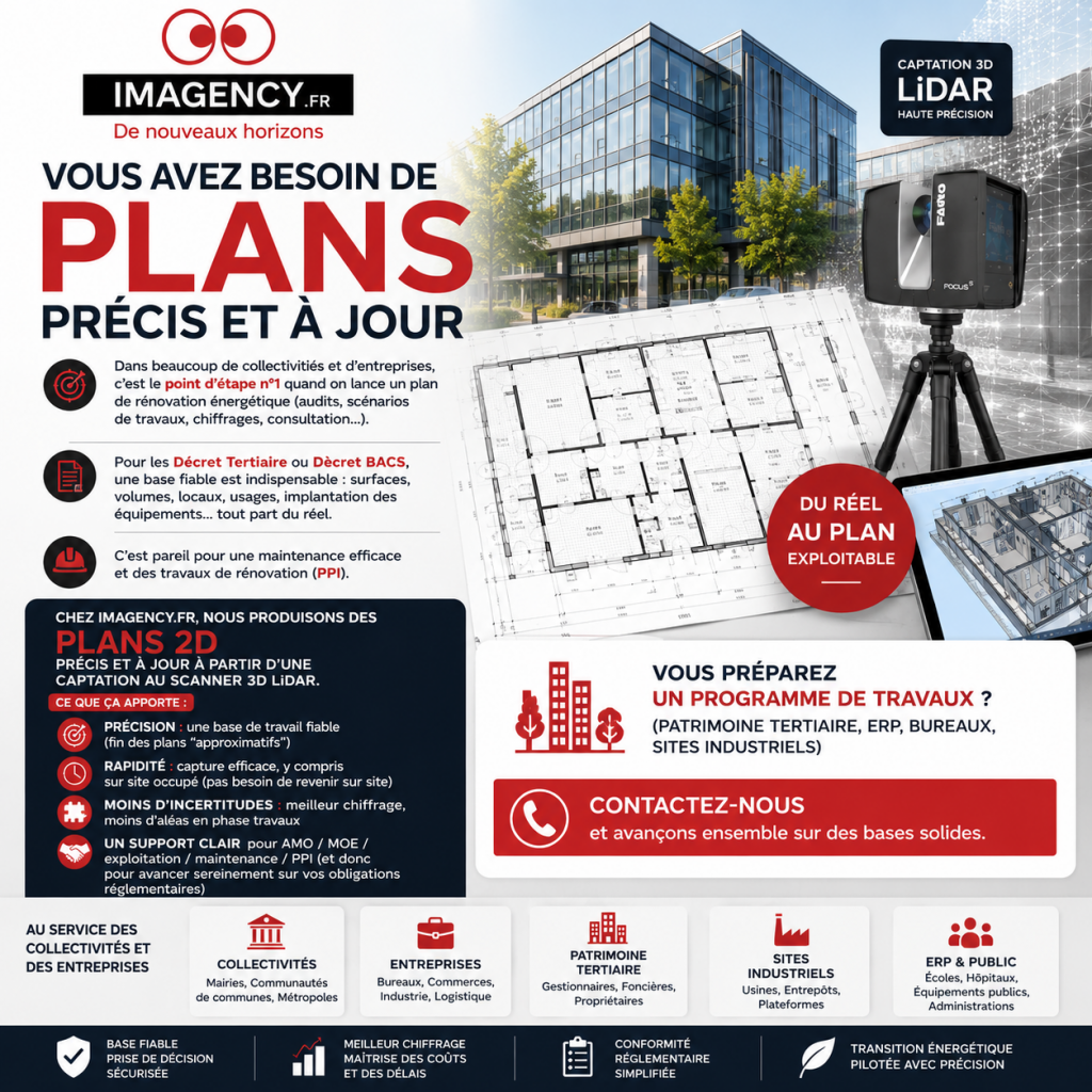affiche professionnelle imagency.fr présentat des plans 2D précis et à jour réalisés par scanner 3D LiDAR pour collectivités, entreprises, ERP et patrimoine tertiaire dans le cadre de rénovation énergétique, décret tertiaire et decrets BACS