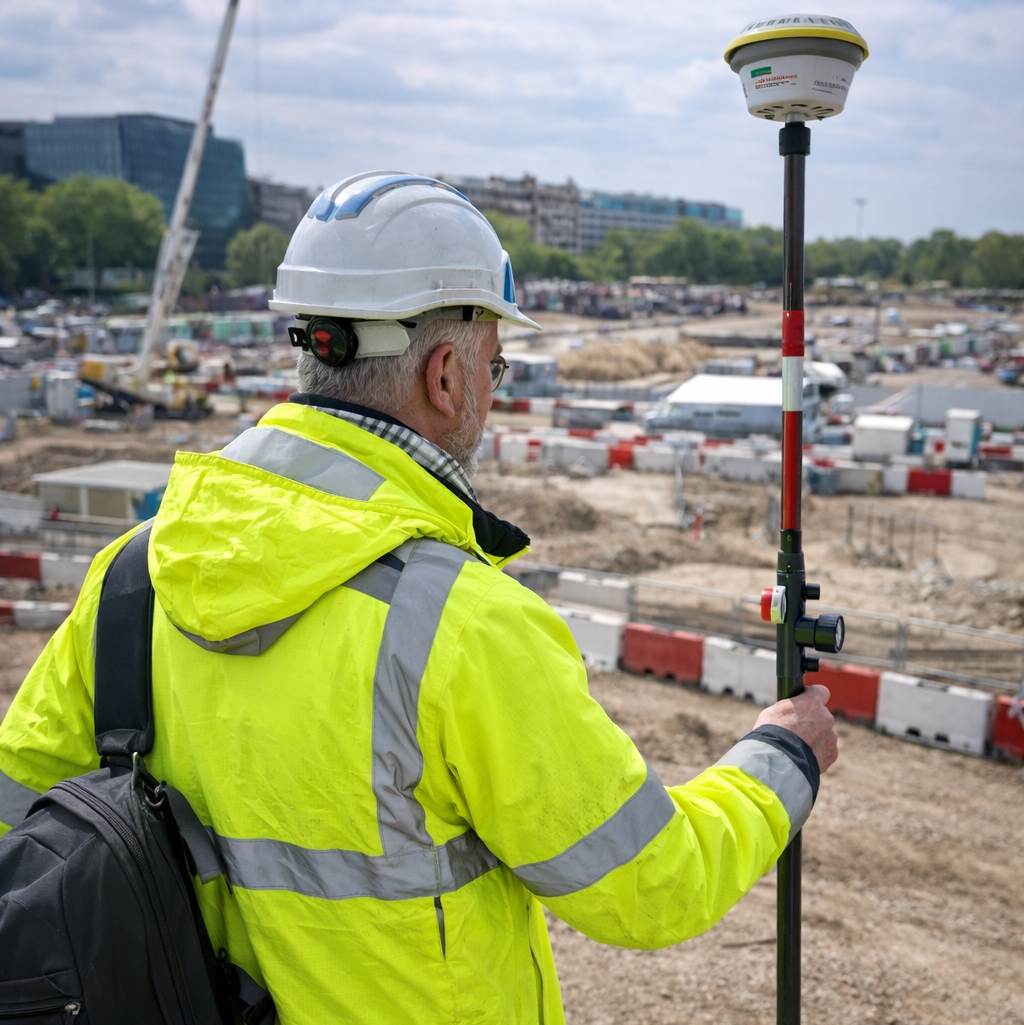 Photographie de géomètre topographe avec canne GNSS en mission sur chantier 