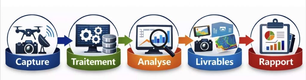 Schéma des étapes de la méthodologie IMAGENCY : capture, traitement, analyse, livraison, rapport