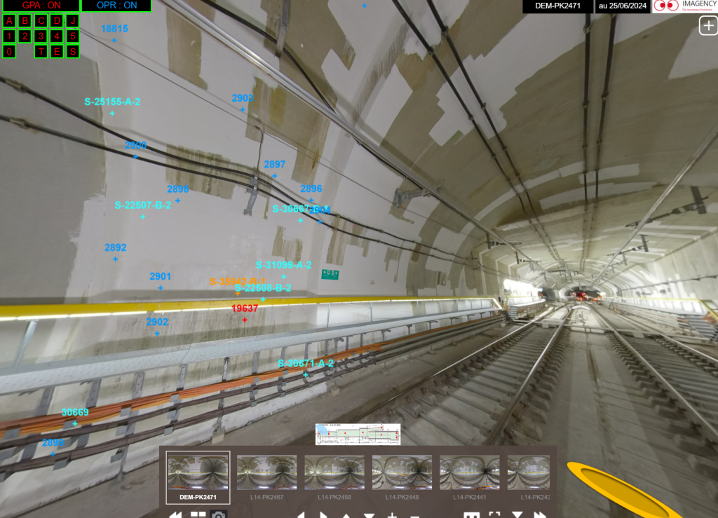 Visite virtuelle d’un tunnel : vue immersive 360° avec points d’intérêt (hotspots) et annotations.